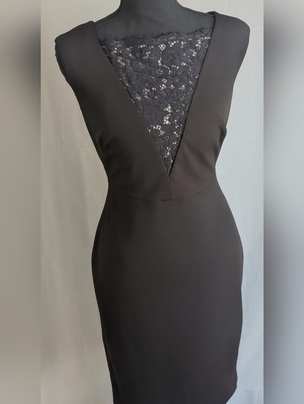 Calvin Klein Black Lace Illusion Sheath Midi Dress Slit Back Size 2